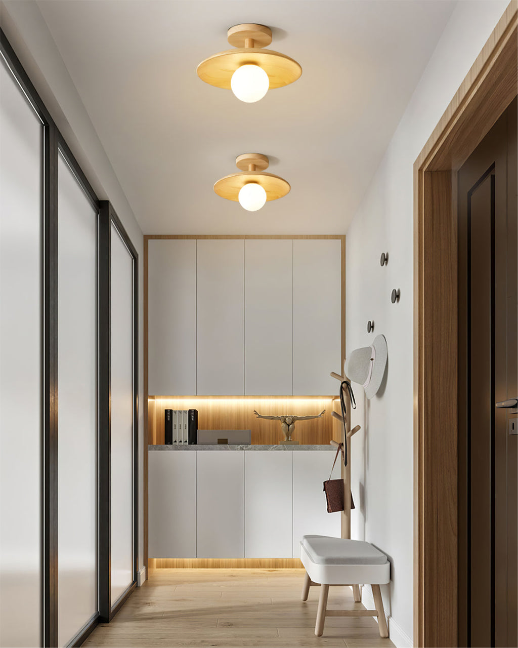 Plafon | Wood Flush Mount Ceiling Light, Low Profile Globe Light Fixture for Hallway and Entryway