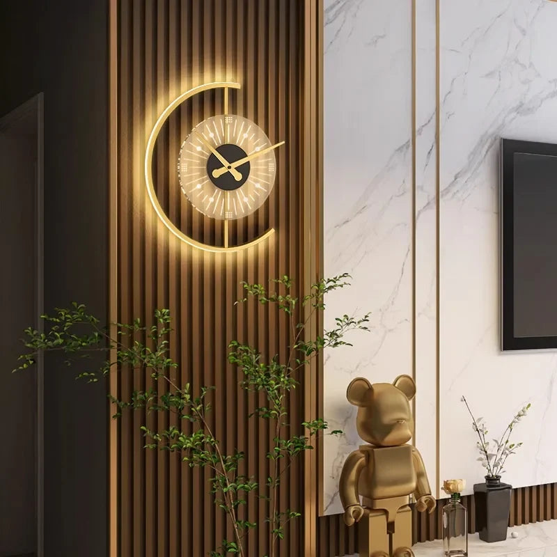 Lunaris | Wall Clock Lamp, Gold Crescent LED Wall Sconce with Clock, Modern Decorative Wall Light