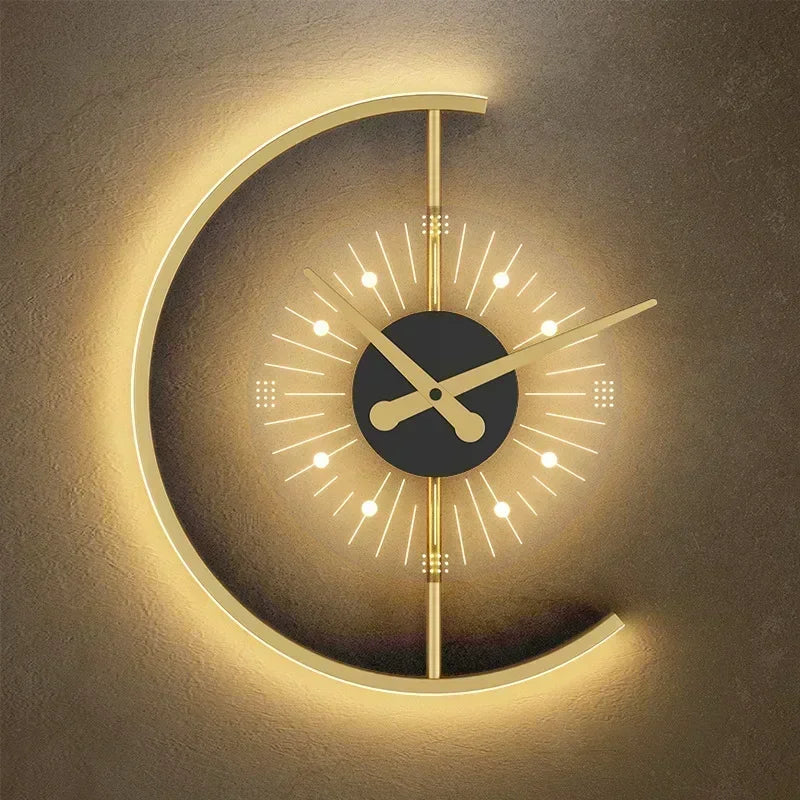 Lunaris | Wall Clock Lamp, Gold Crescent LED Wall Sconce with Clock, Modern Decorative Wall Light