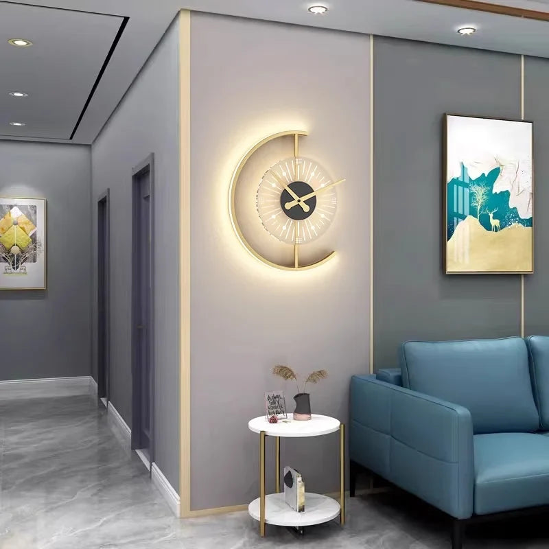 Lunaris | Wall Clock Lamp, Gold Crescent LED Wall Sconce with Clock, Modern Decorative Wall Light
