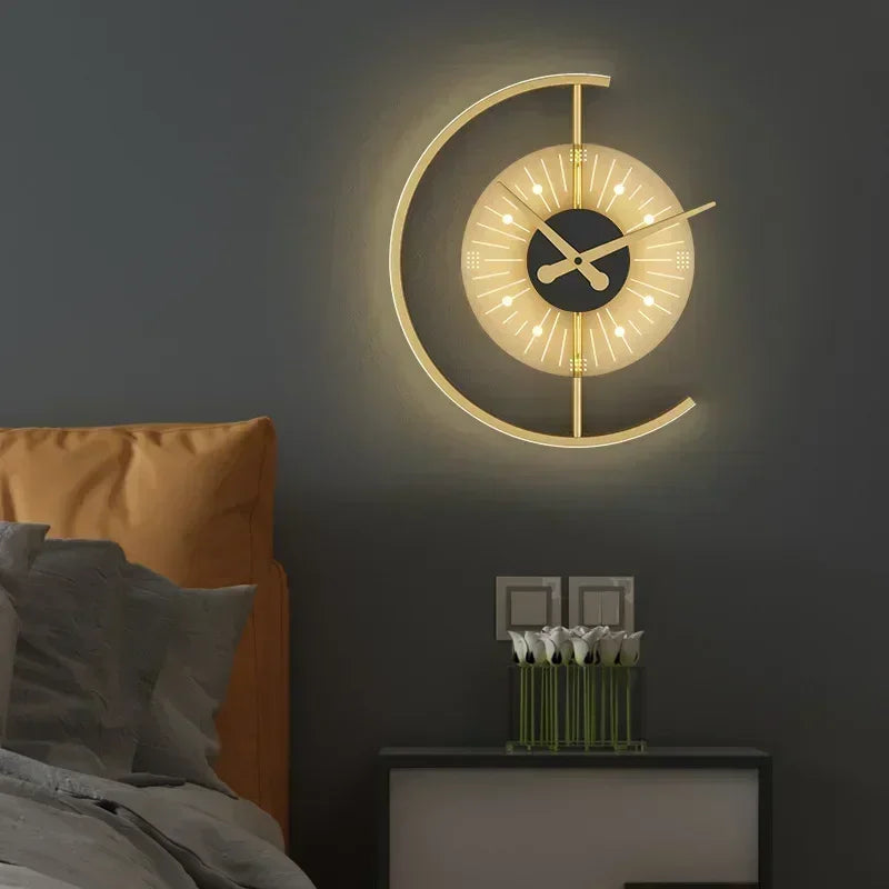 Lunaris | Wall Clock Lamp, Gold Crescent LED Wall Sconce with Clock, Modern Decorative Wall Light