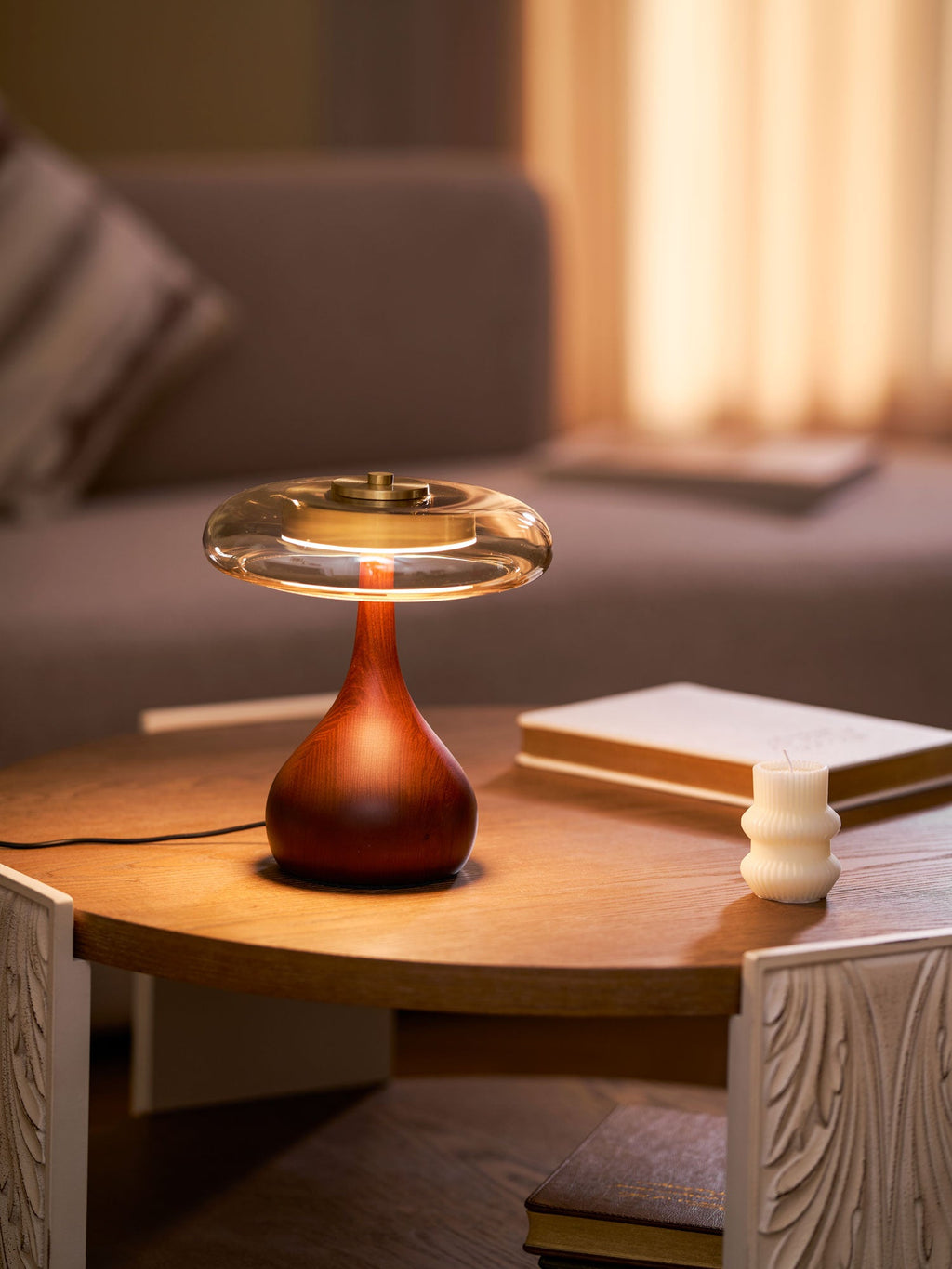 Andi | Glass Mushroom Table Lamp, Walnut Wood Bedside Lamp, 3 Color Plug In Desk Lamp