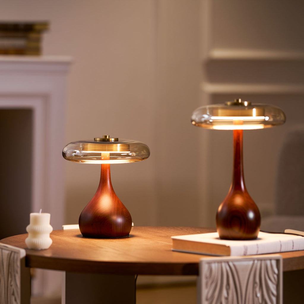 Andi | Glass Mushroom Table Lamp, Walnut Wood Bedside Lamp, 3 Color Plug In Desk Lamp