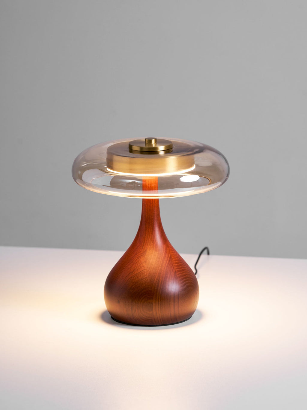 Andi | Glass Mushroom Table Lamp, Walnut Wood Bedside Lamp, 3 Color Plug In Desk Lamp