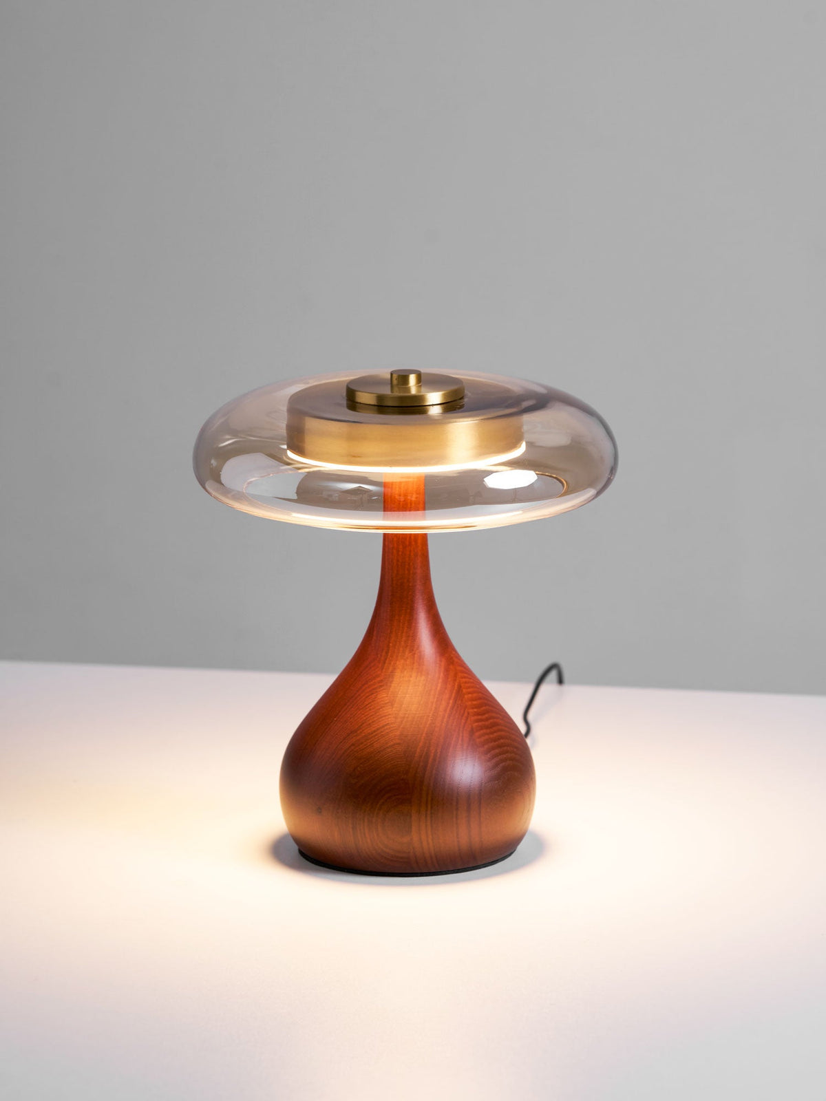 Andi | Glass Mushroom Table Lamp, Walnut Wood Bedside Lamp, 3 Color Plug In Desk Lamp