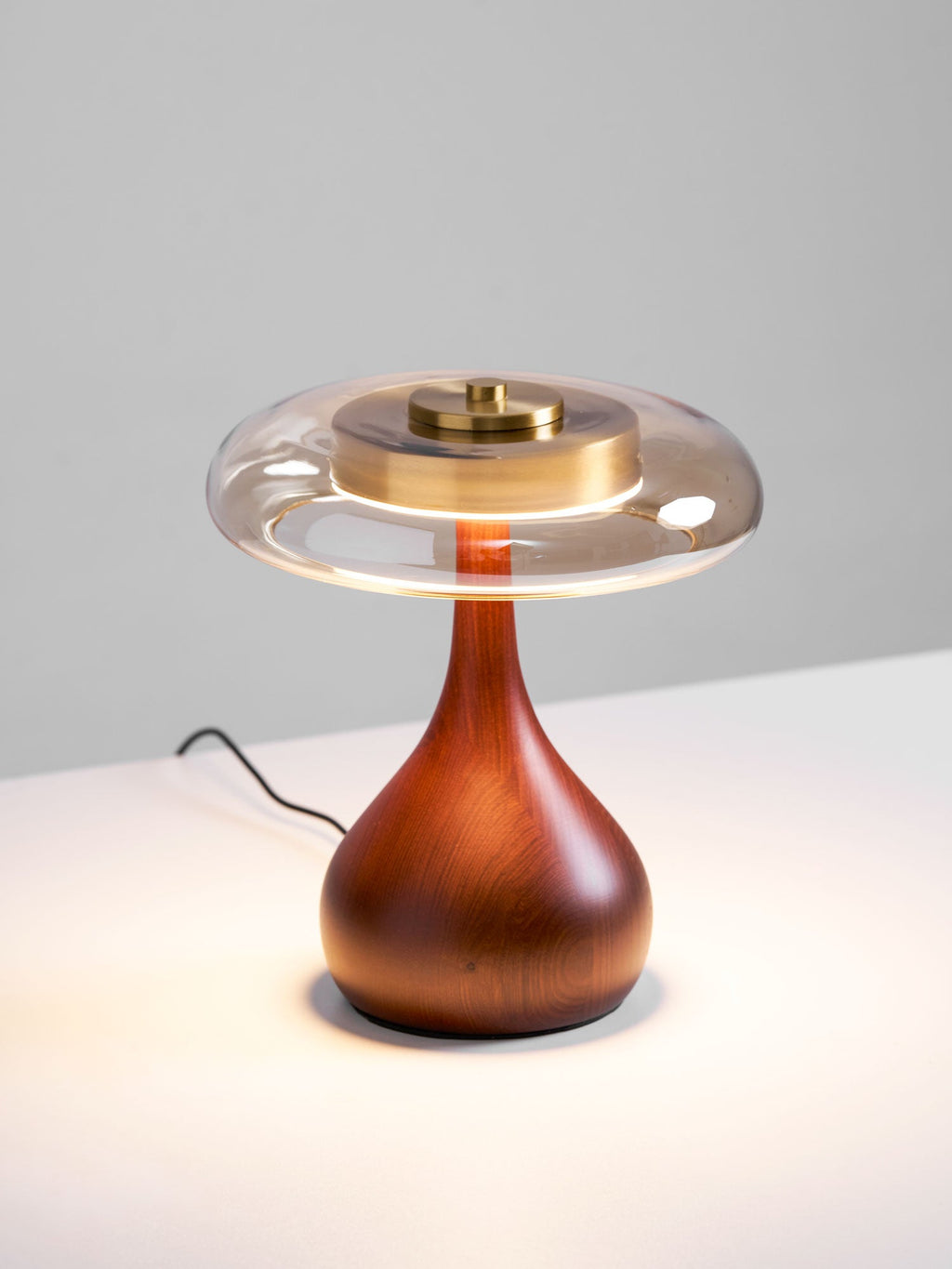 Andi | Glass Mushroom Table Lamp, Walnut Wood Bedside Lamp, 3 Color Plug In Desk Lamp