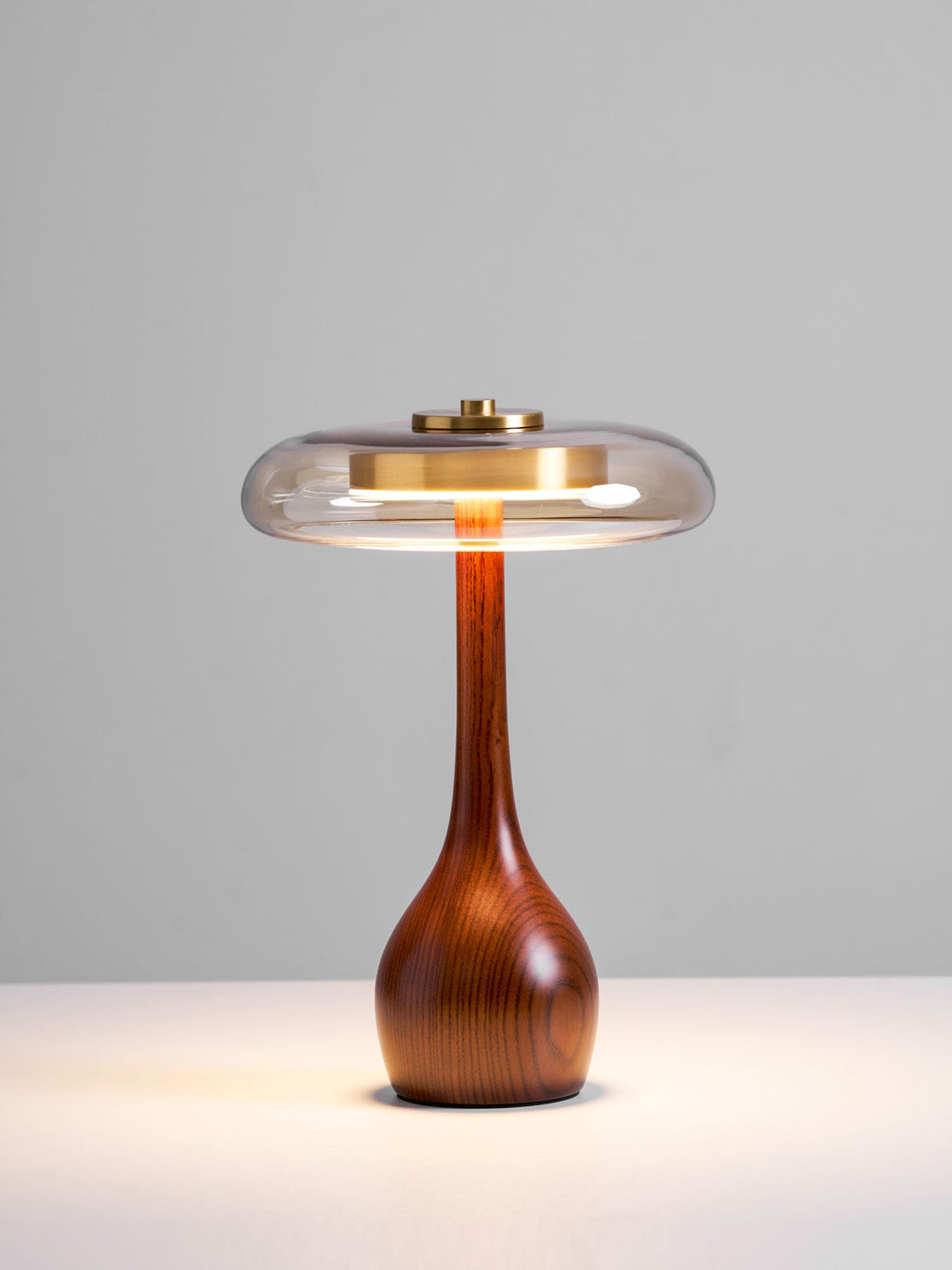 Andi | Glass Mushroom Table Lamp, Walnut Wood Bedside Lamp, 3 Color Plug In Desk Lamp