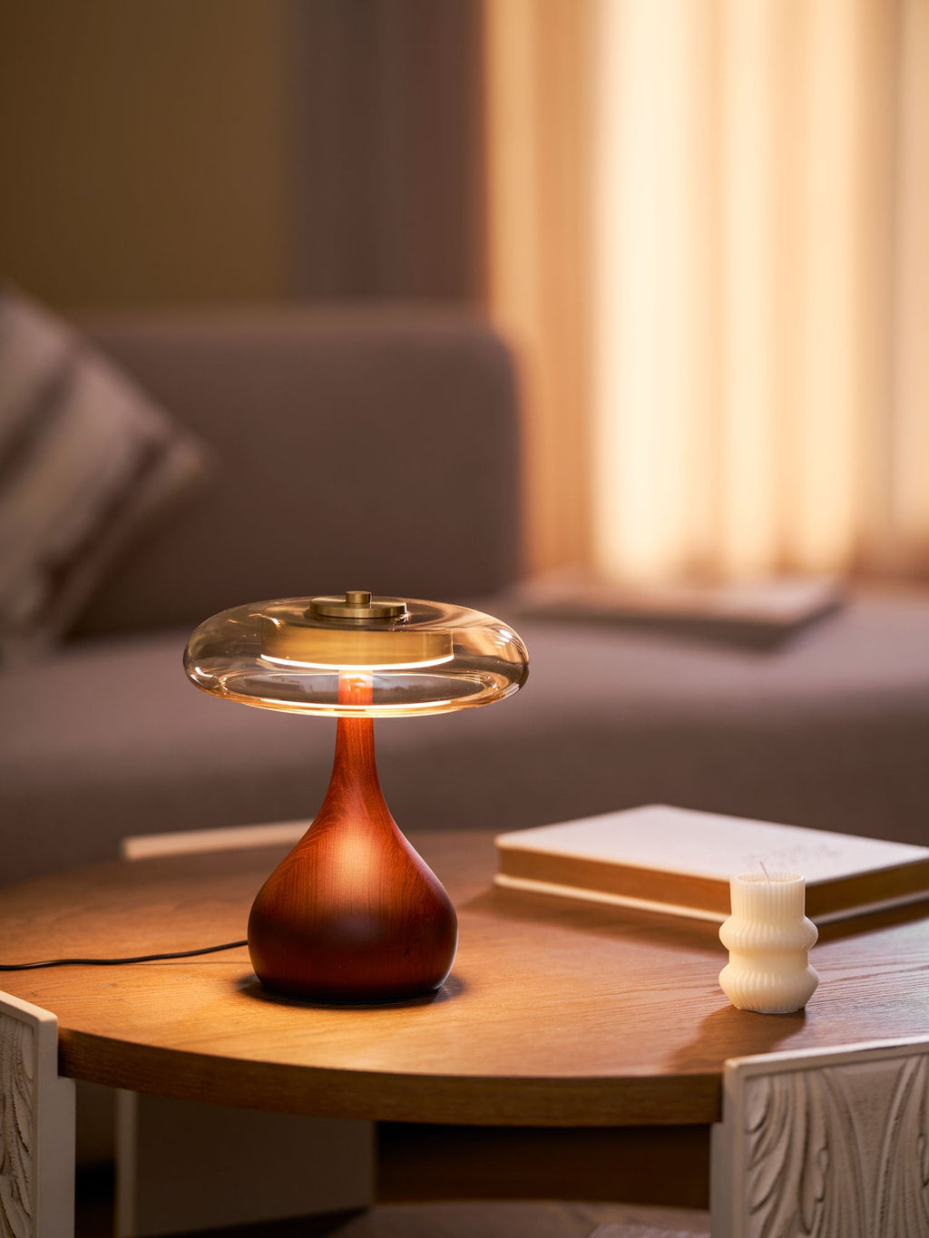 Andi | Glass Mushroom Table Lamp, Walnut Wood Bedside Lamp, 3 Color Plug In Desk Lamp