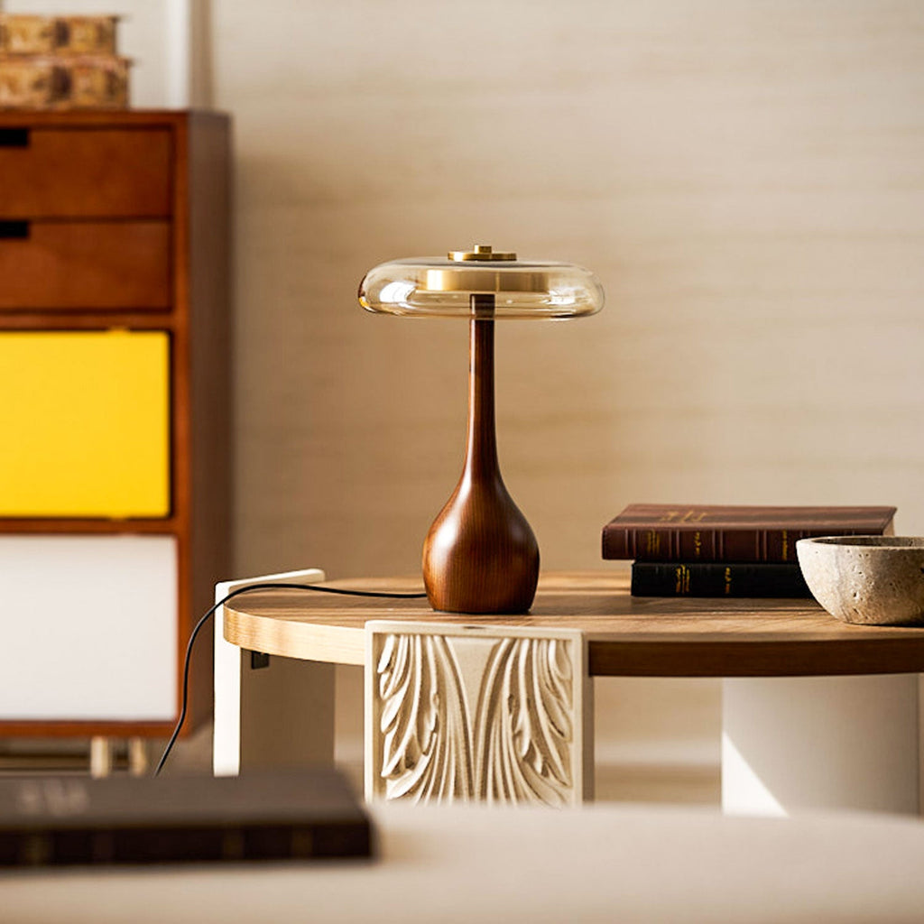 Andi | Glass Mushroom Table Lamp, Walnut Wood Bedside Lamp, 3 Color Plug In Desk Lamp