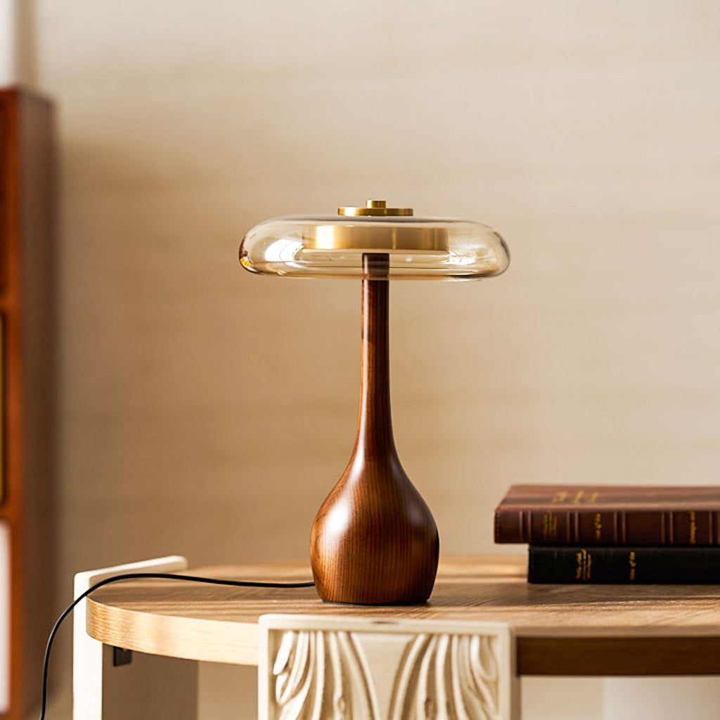 Andi | Glass Mushroom Table Lamp, Walnut Wood Bedside Lamp, 3 Color Plug In Desk Lamp
