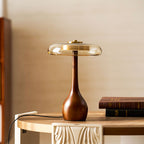 Andi | Glass Mushroom Table Lamp, Walnut Wood Bedside Lamp, 3 Color Plug In Desk Lamp