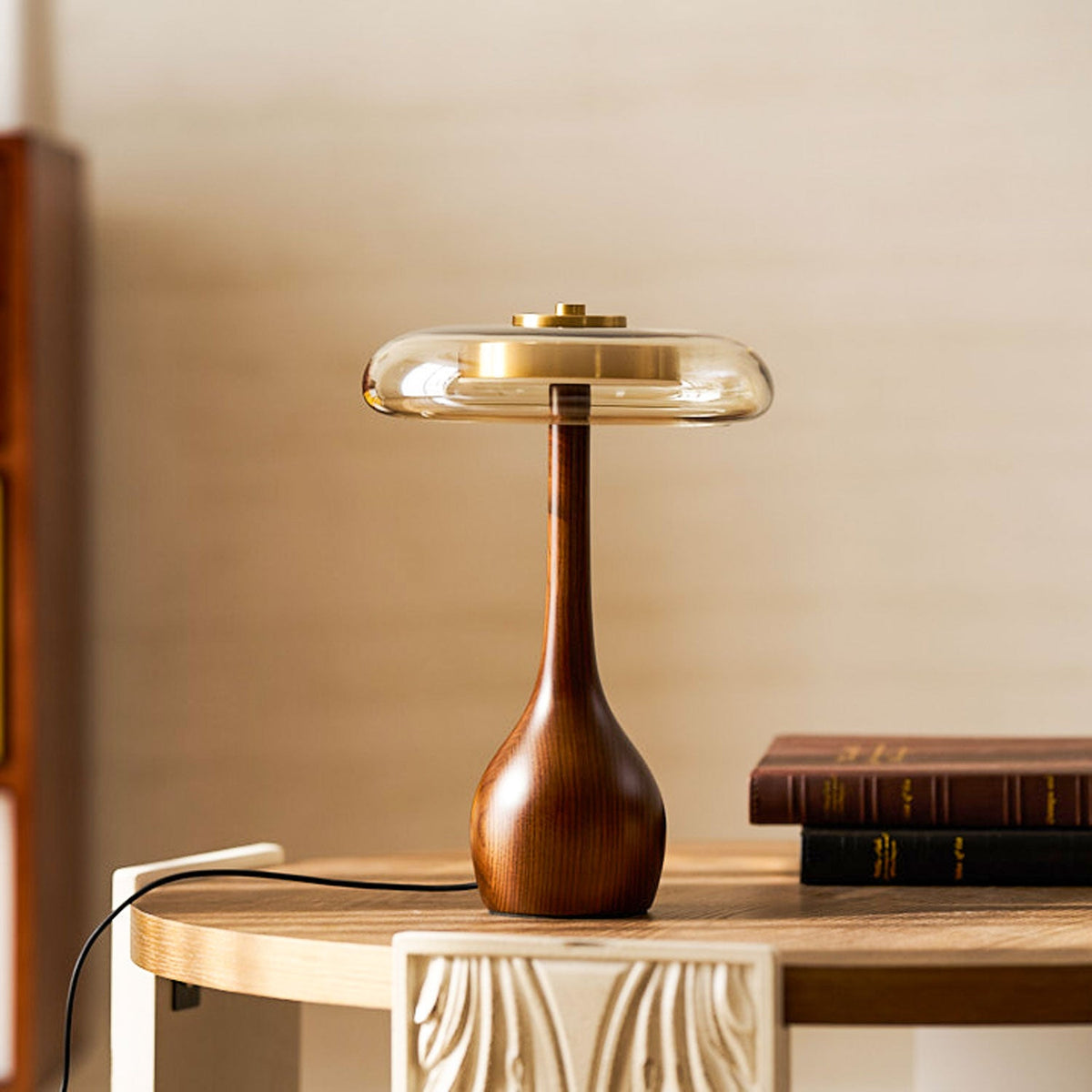 Andi | Glass Mushroom Table Lamp, Walnut Wood Bedside Lamp, 3 Color Plug In Desk Lamp