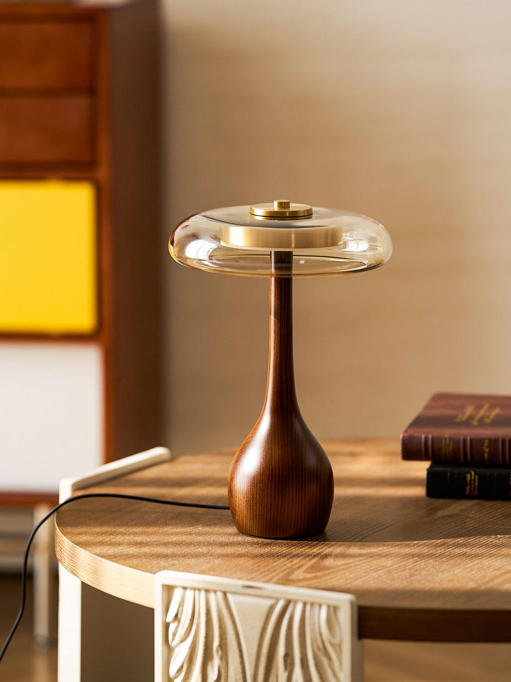 Andi | Glass Mushroom Table Lamp, Walnut Wood Bedside Lamp, 3 Color Plug In Desk Lamp