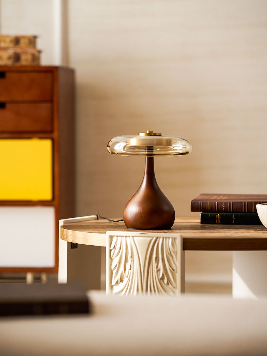 Andi | Glass Mushroom Table Lamp, Walnut Wood Bedside Lamp, 3 Color Plug In Desk Lamp