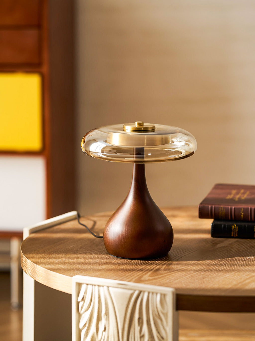 Andi | Glass Mushroom Table Lamp, Walnut Wood Bedside Lamp, 3 Color Plug In Desk Lamp