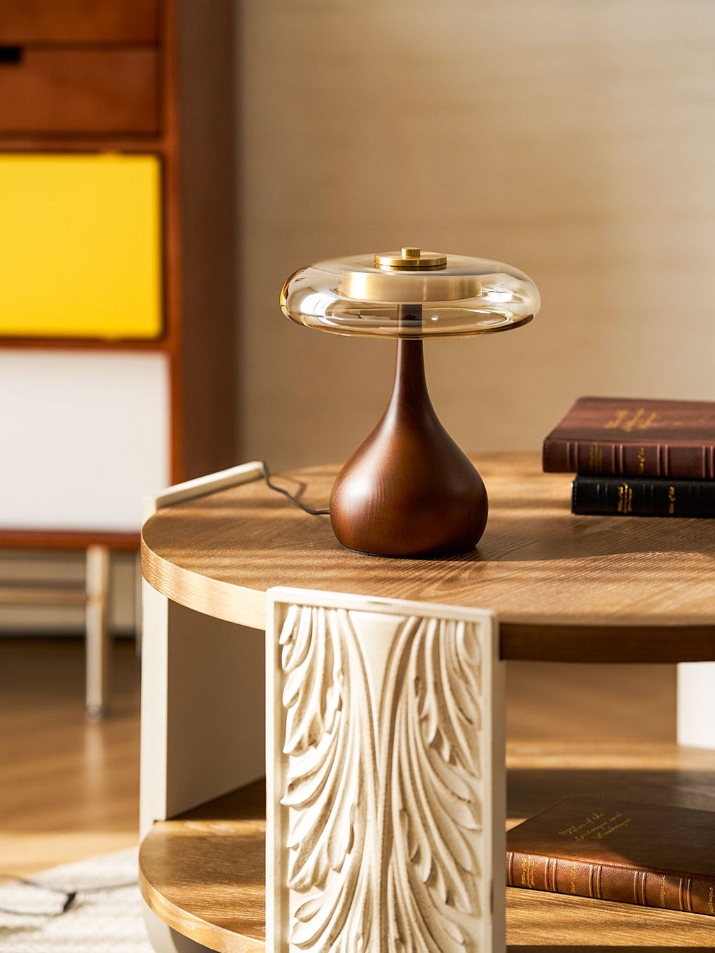 Andi | Glass Mushroom Table Lamp, Walnut Wood Bedside Lamp, 3 Color Plug In Desk Lamp
