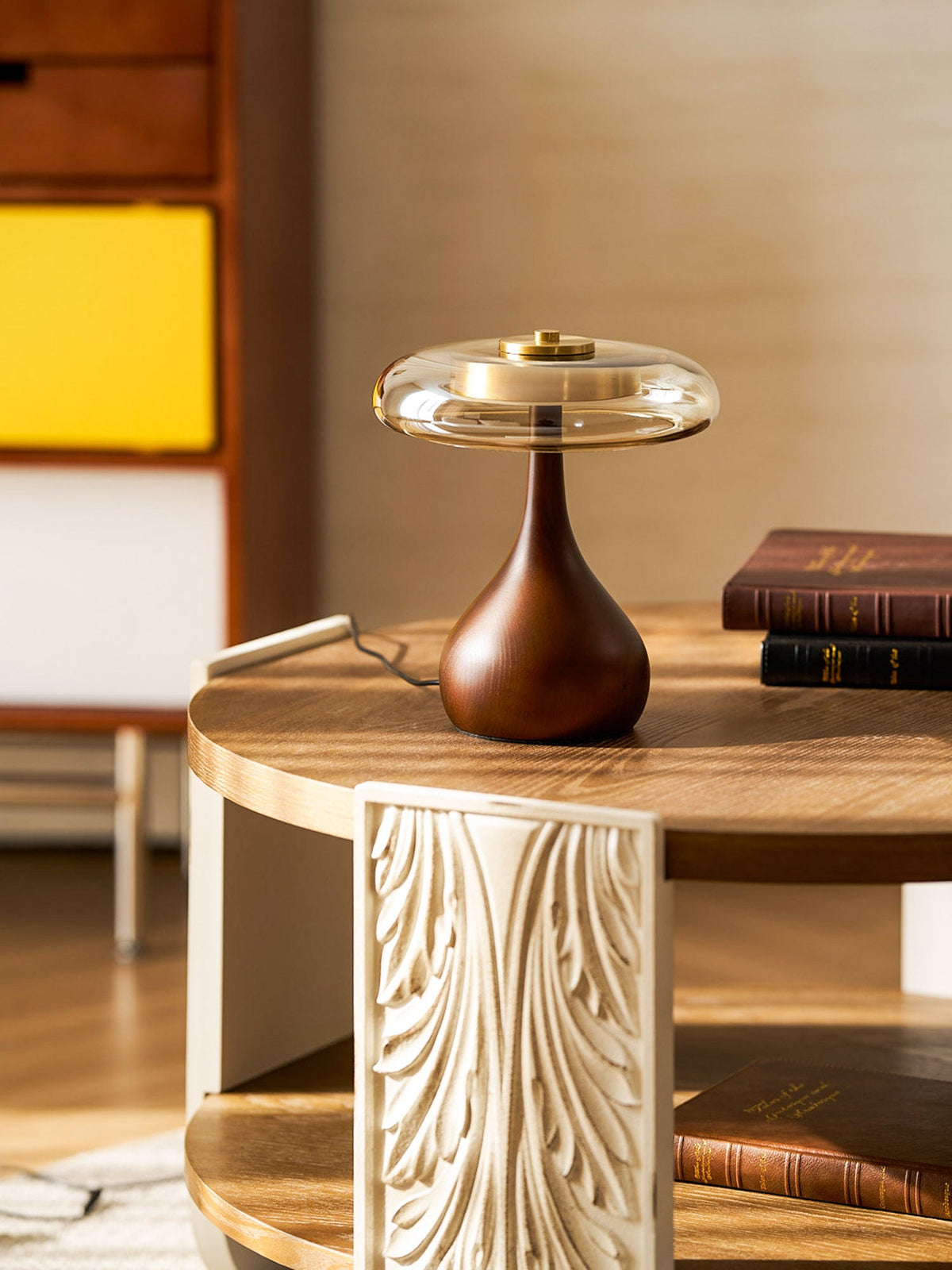 Andi | Glass Mushroom Table Lamp, Walnut Wood Bedside Lamp, 3 Color Plug In Desk Lamp