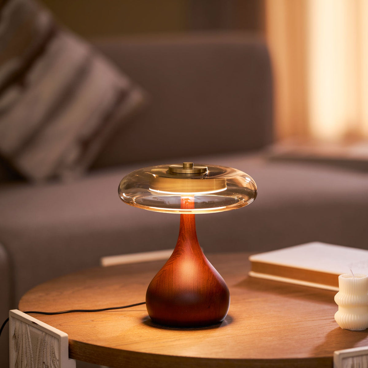 Andi | Glass Mushroom Table Lamp, Walnut Wood Bedside Lamp, 3 Color Plug In Desk Lamp