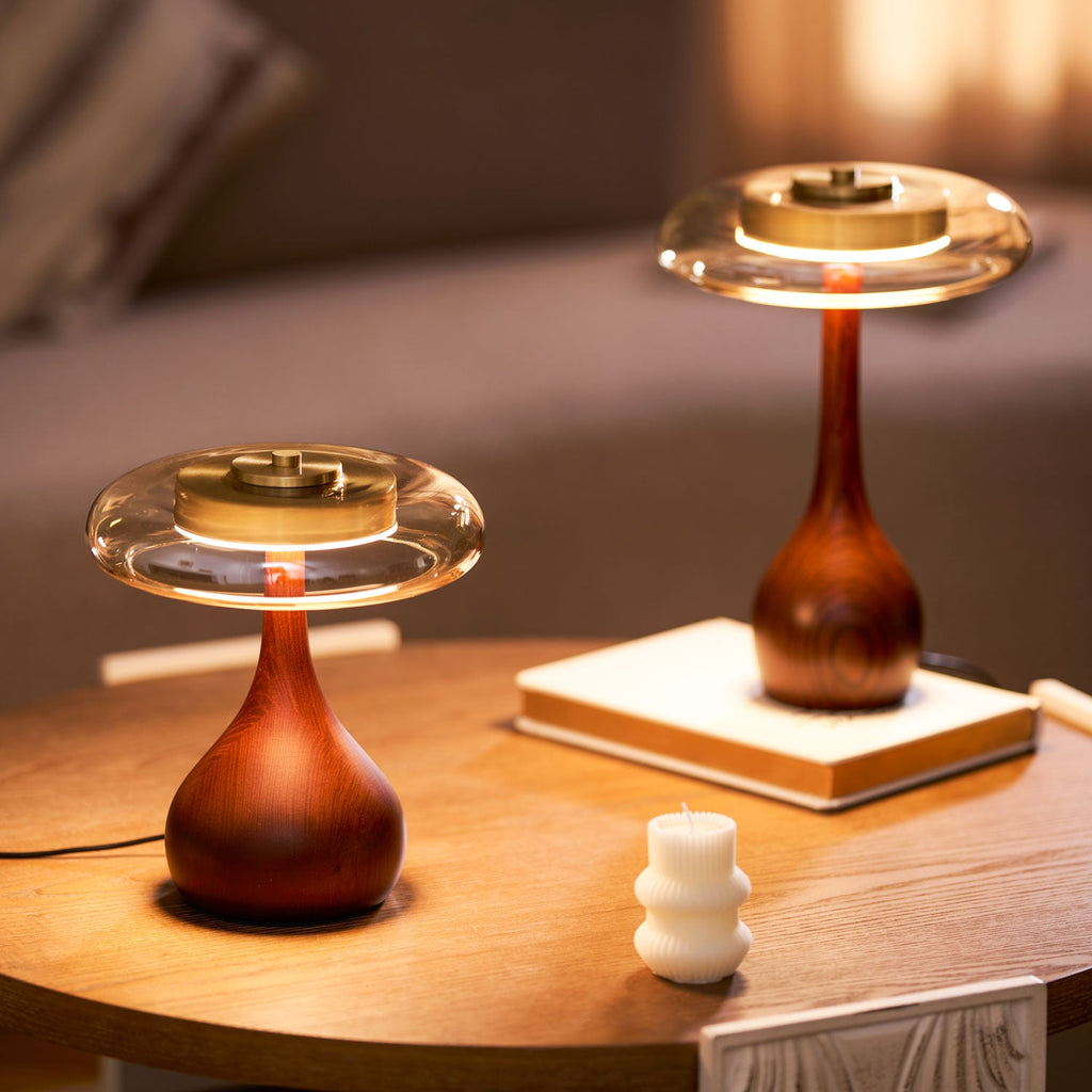 Andi | Glass Mushroom Table Lamp, Walnut Wood Bedside Lamp, 3 Color Plug In Desk Lamp