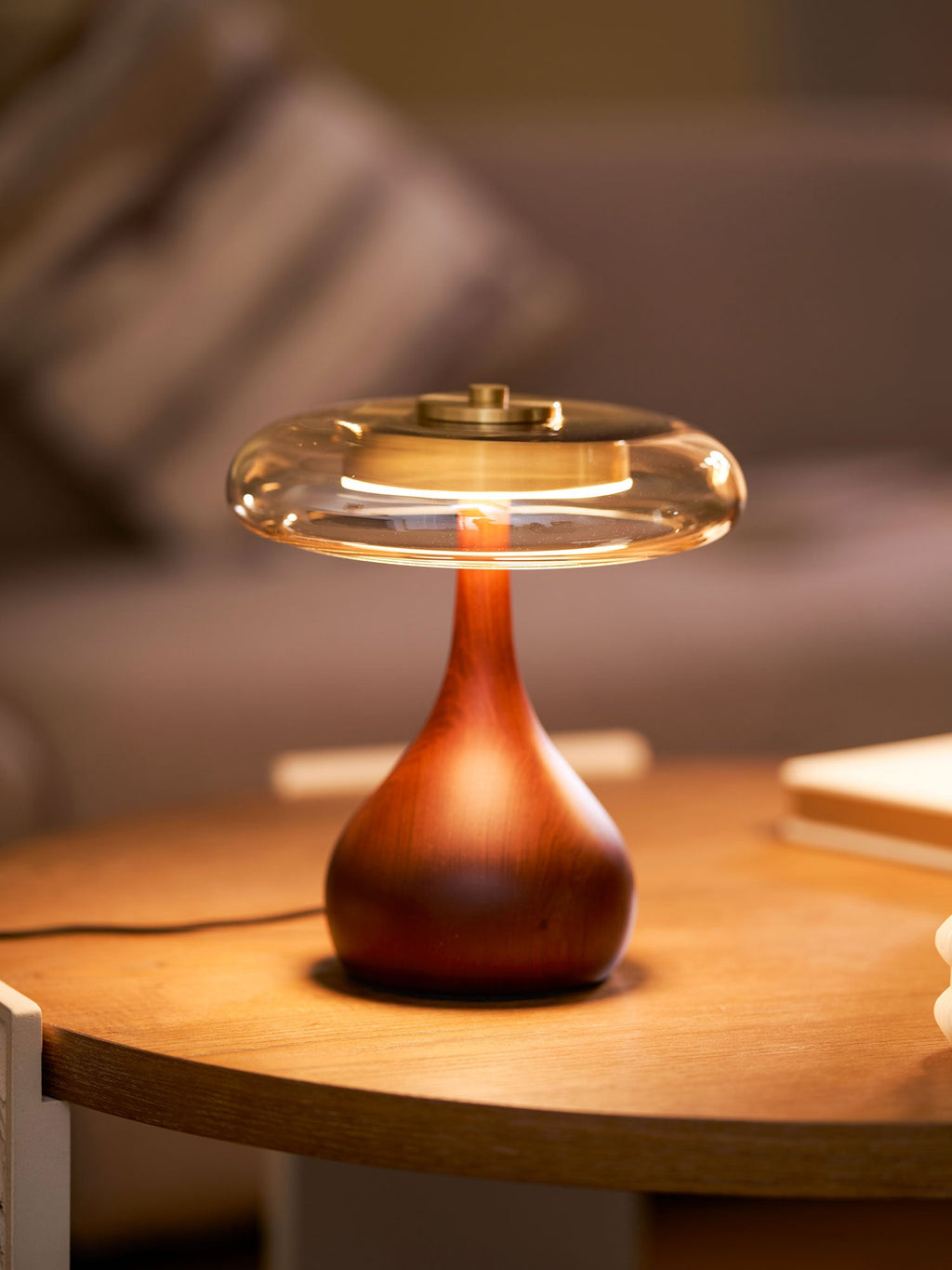 Andi | Glass Mushroom Table Lamp, Walnut Wood Bedside Lamp, 3 Color Plug In Desk Lamp