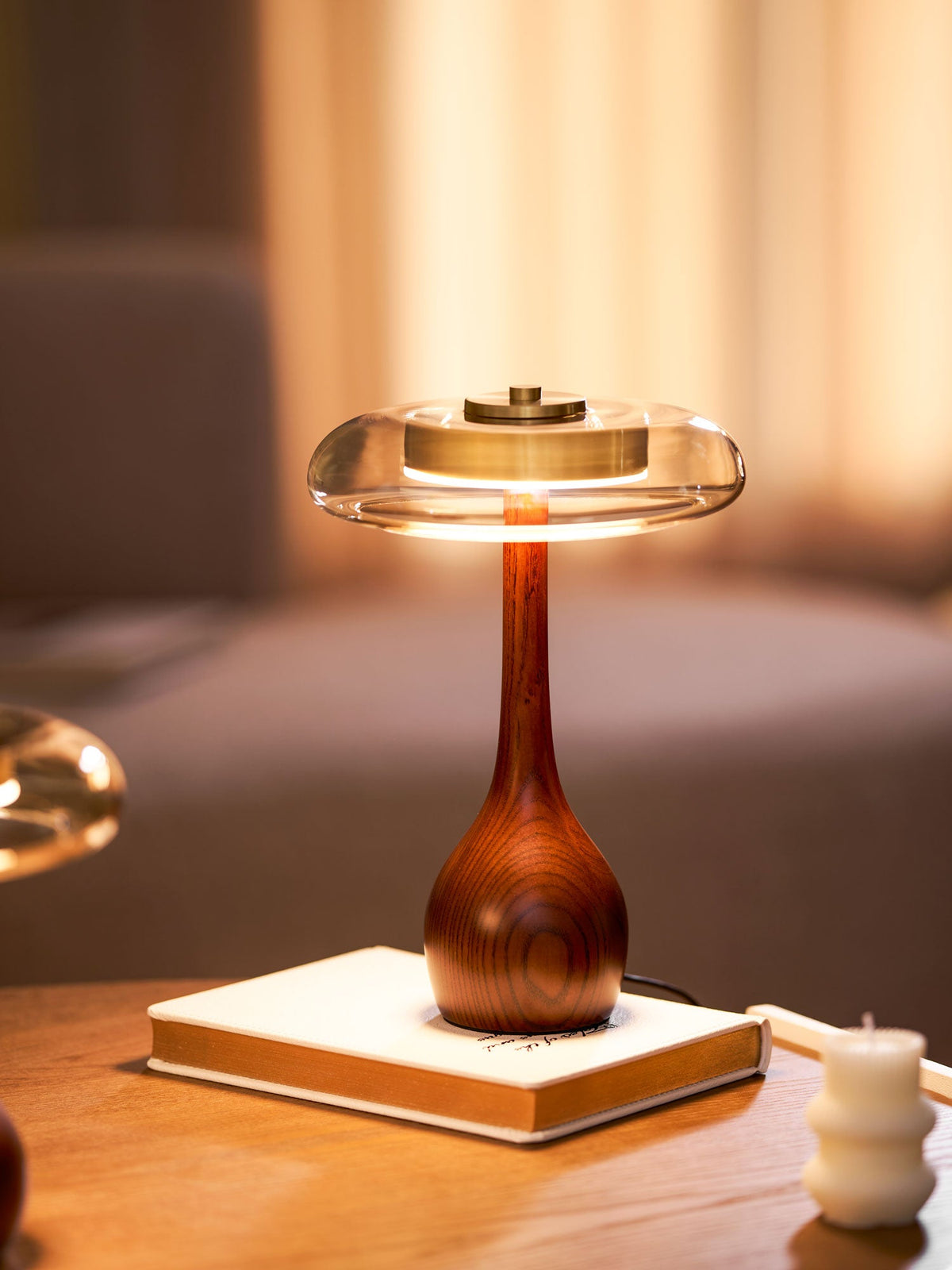 Andi | Glass Mushroom Table Lamp, Walnut Wood Bedside Lamp, 3 Color Plug In Desk Lamp