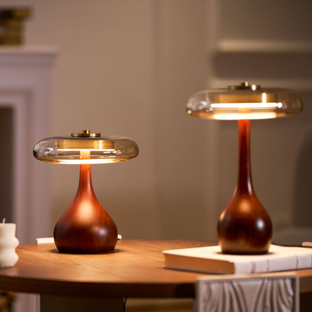 Andi | Glass Mushroom Table Lamp, Walnut Wood Bedside Lamp, 3 Color Plug In Desk Lamp