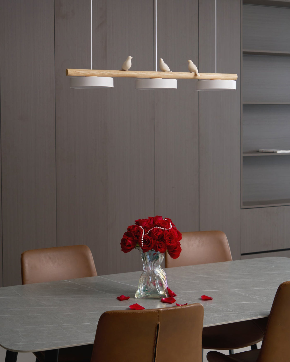 Sienna Bird | Linear Pendant Light with Birds, Wood LED Kitchen Island Chandelier, Dimmable Options