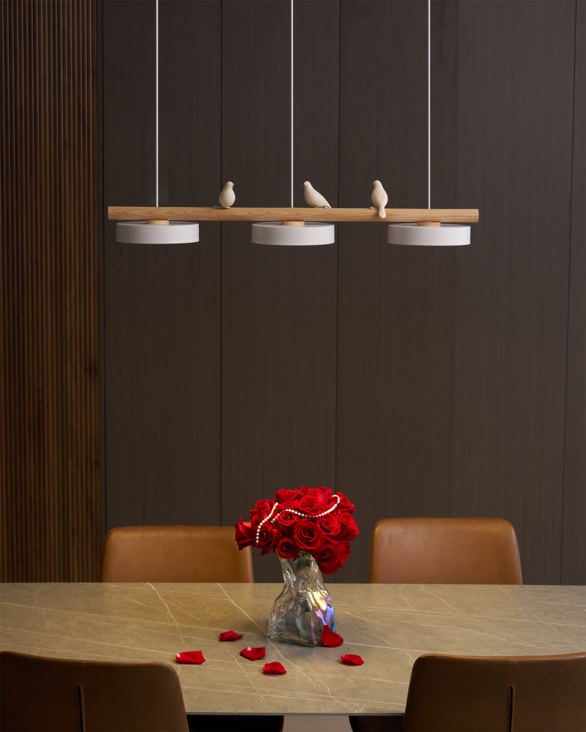 Sienna Bird | Linear Pendant Light with Birds, Wood LED Kitchen Island Chandelier, Dimmable Options