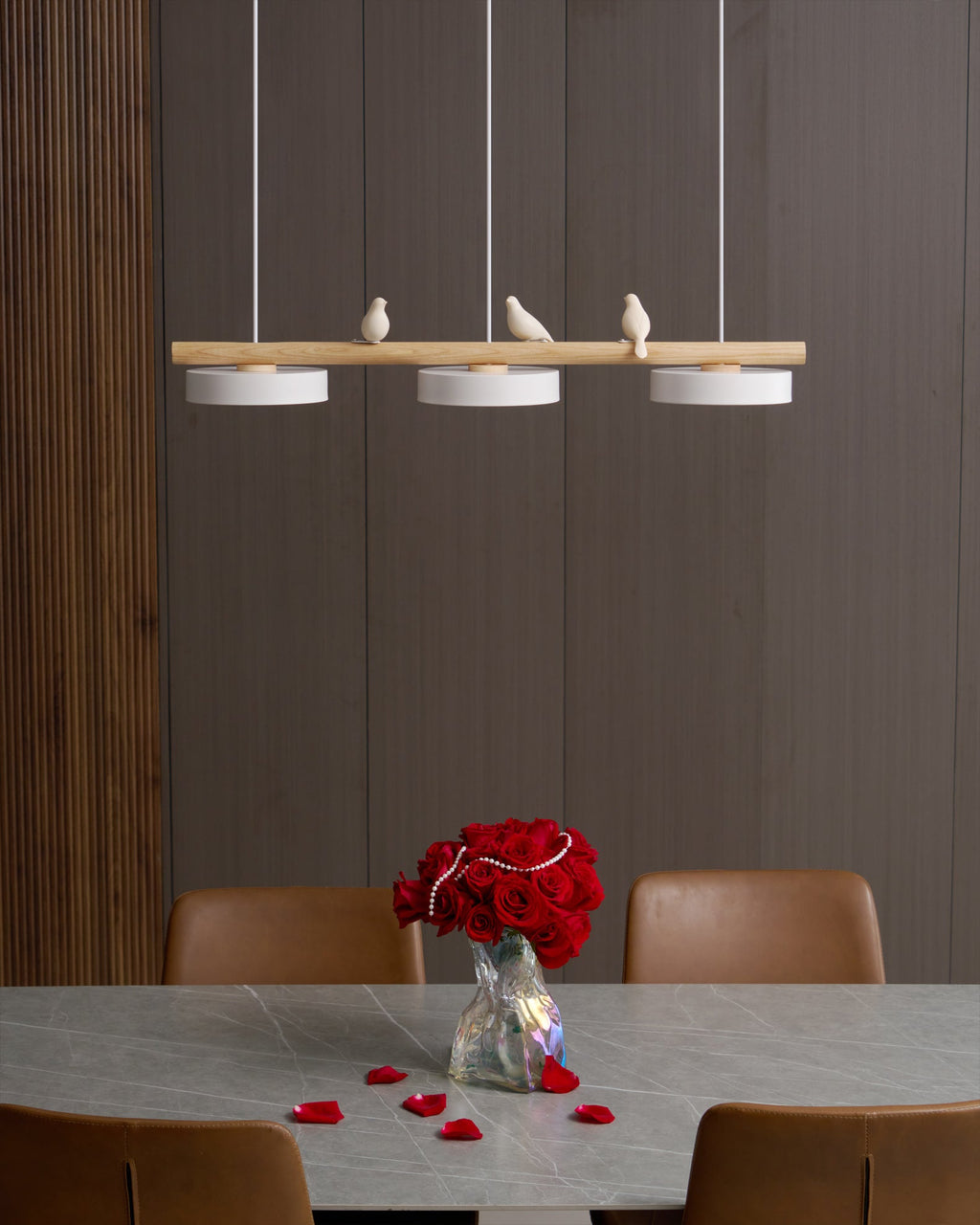Sienna Bird | Linear Pendant Light with Birds, Wood LED Kitchen Island Chandelier, Dimmable Options