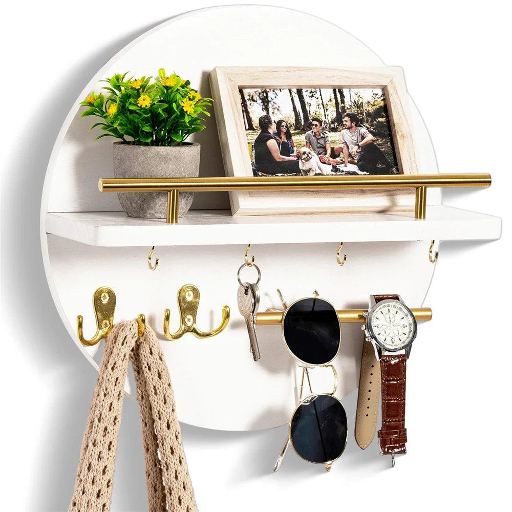 Hoop | Round Key Holder for Wall with Shelf, Wooden Entryway Organizer with Hooks, Modern Key Rack