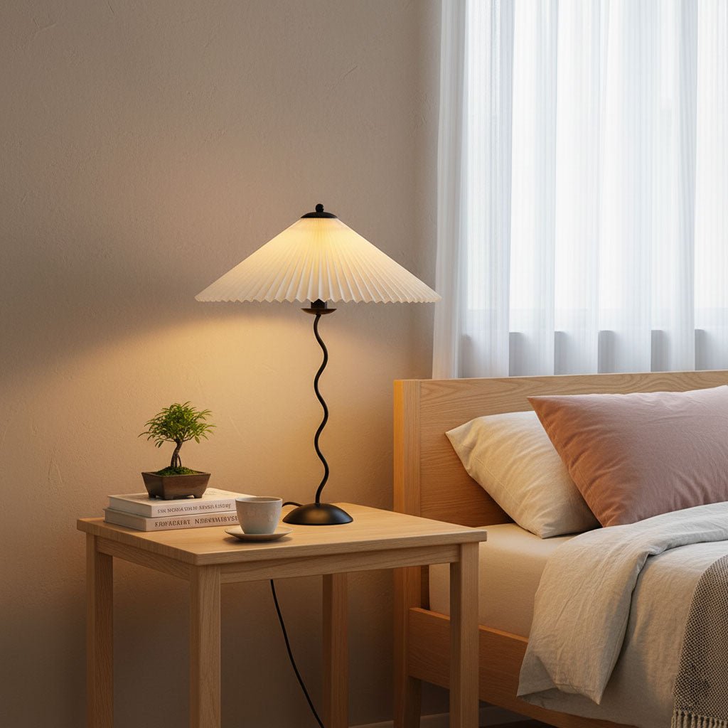 Twirl | Wavy Table Lamp, Pleated Shade Bedside Lamp, Modern Retro Squiggle Lamp for Living Room