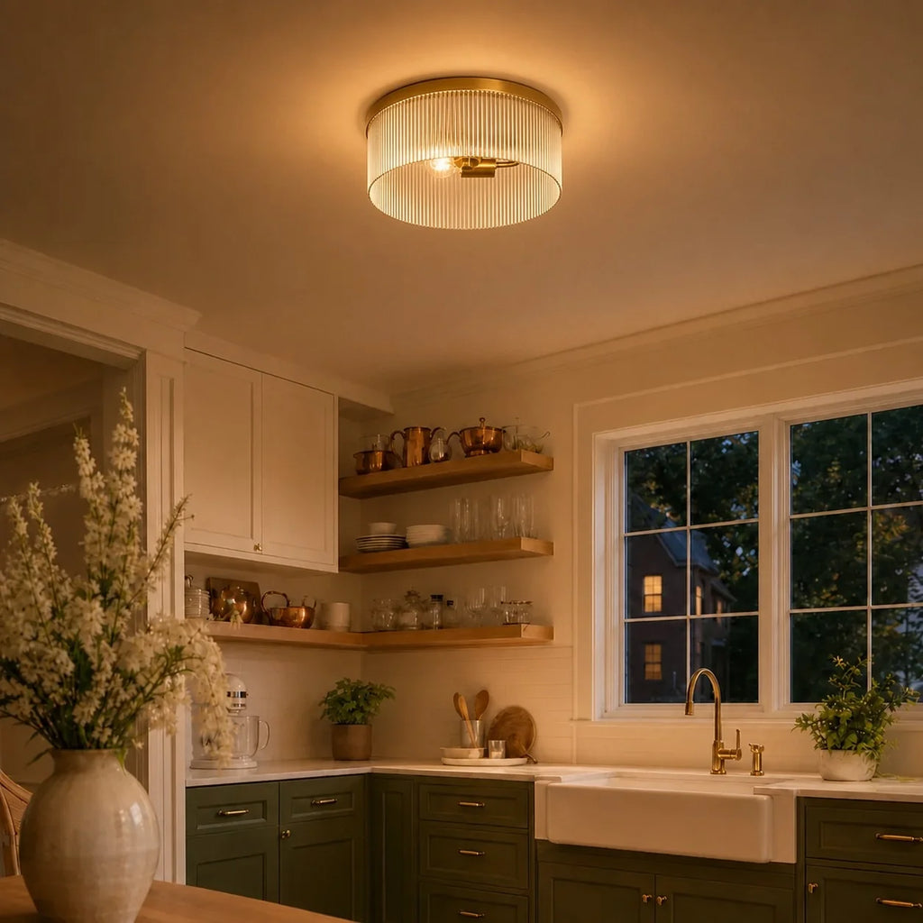 Willow | Ribbed Glass Flush Mount Ceiling Light, Farmhouse Drum Light Fixture for Hallway and Bedroom