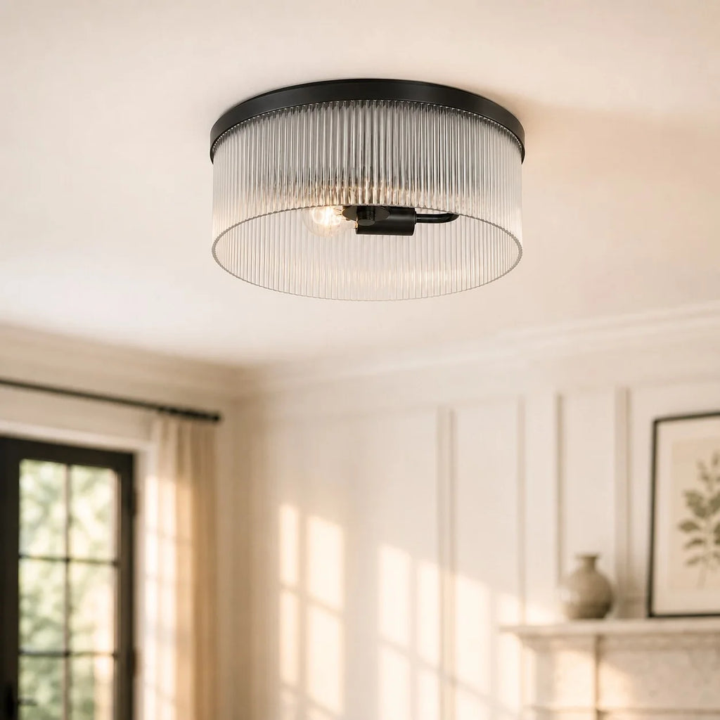 Willow | Ribbed Glass Flush Mount Ceiling Light, Farmhouse Drum Light Fixture for Hallway and Bedroom