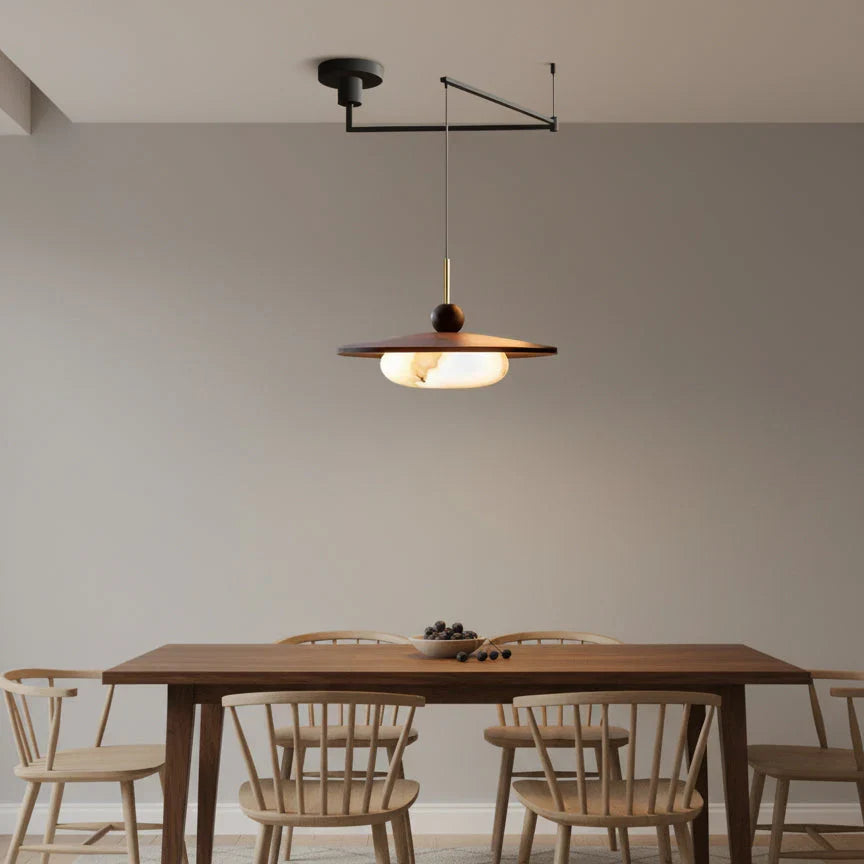 Swing Arm | Walnut Pendant Light, Mid Century Dimmable LED Hanging Lamp, Offset Dining Table Light