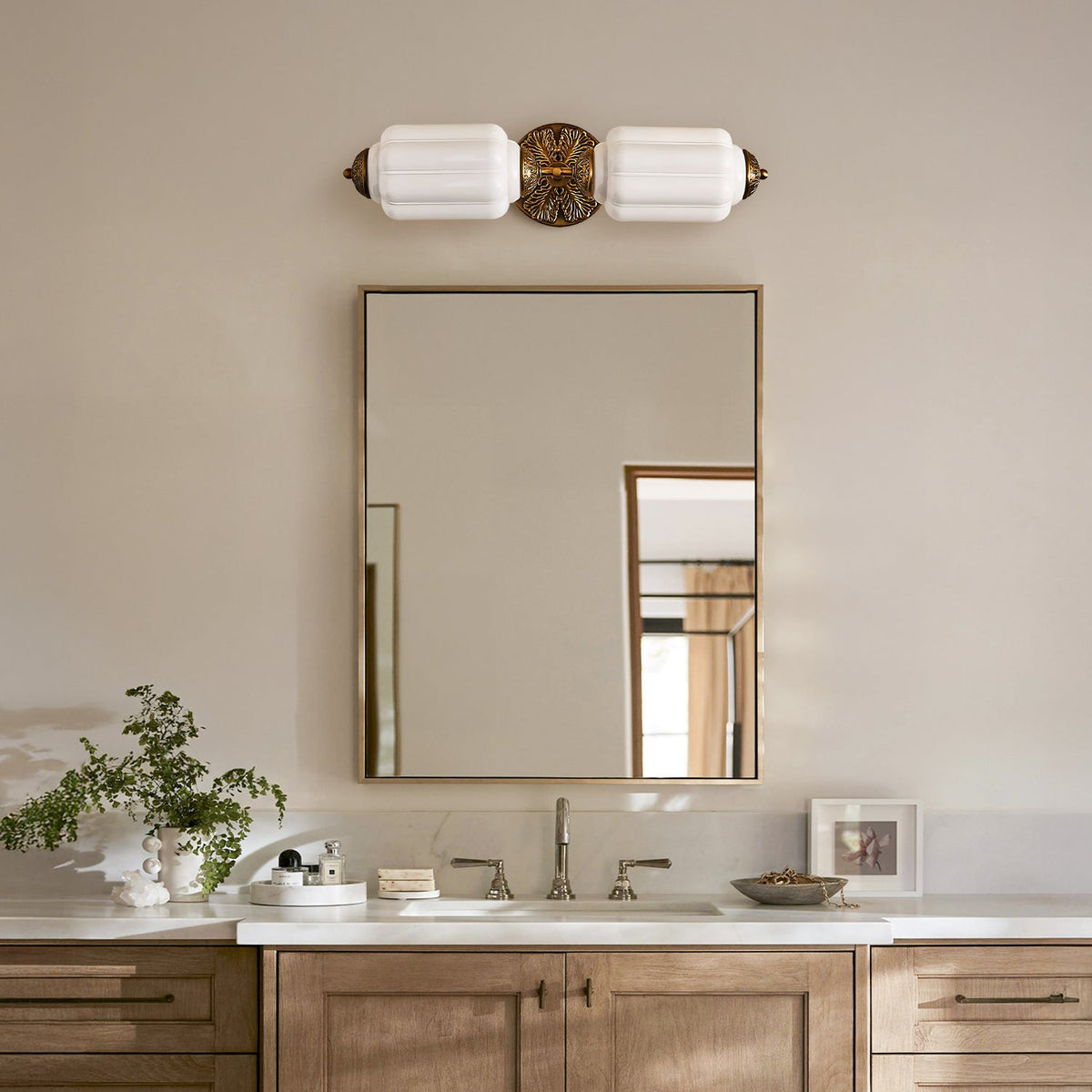 Deauville | Art Deco Vanity Light, 2 Light Milk Glass Bathroom Light Fixture, Vintage Brass Wall Light