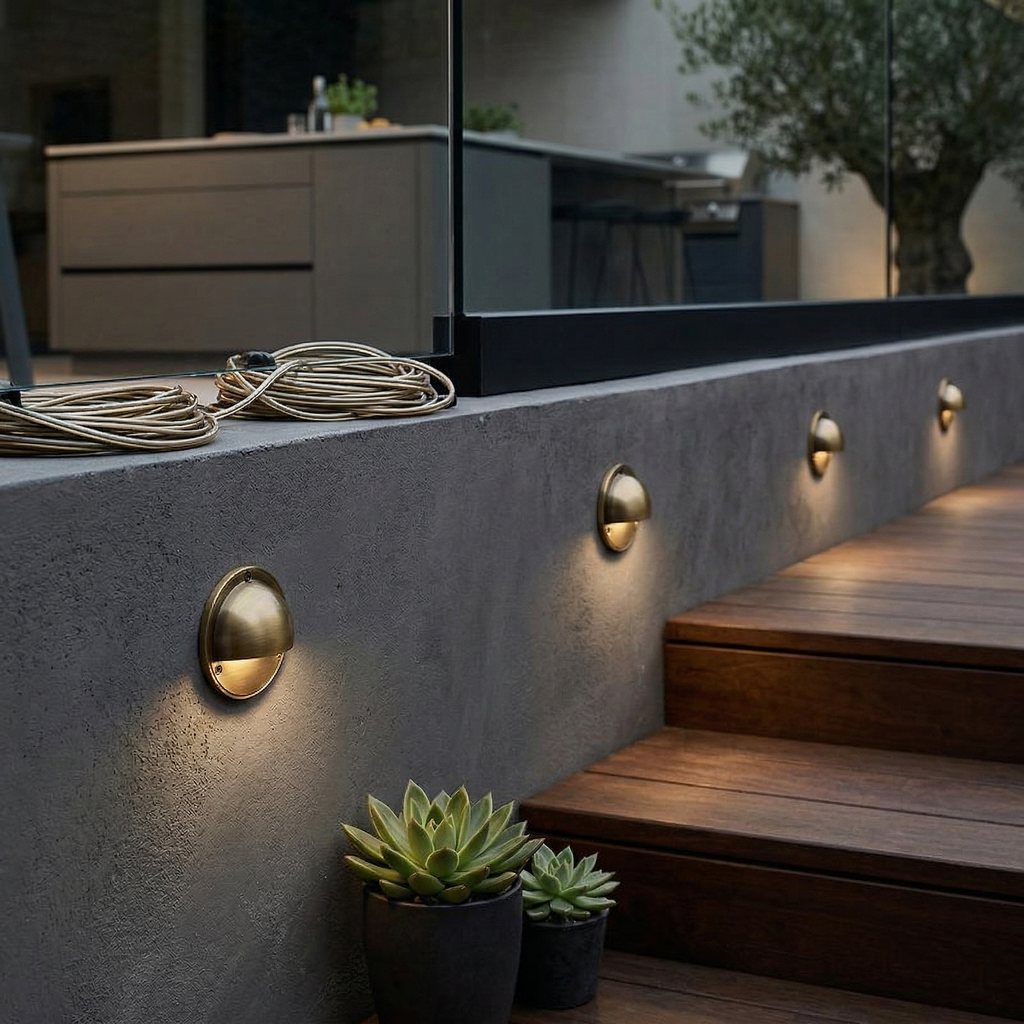 Cove | Brass Step Light, Eyelid Wall Light, Covered Porch