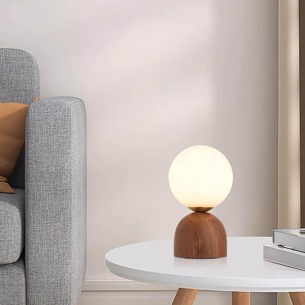 Acorn | Wood Table Lamp with Glass Globe, Small Walnut Bedside Lamp