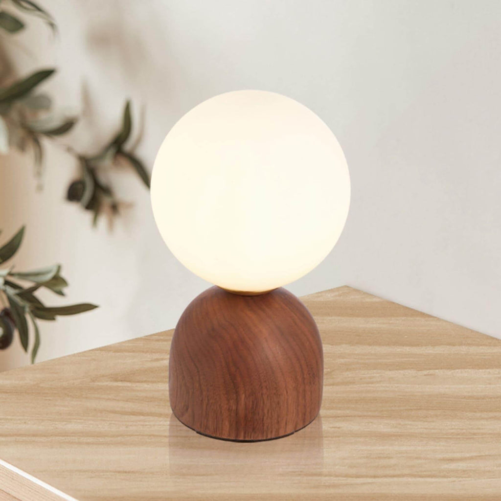Acorn | Wood Table Lamp with Glass Globe, Small Walnut Bedside Lamp