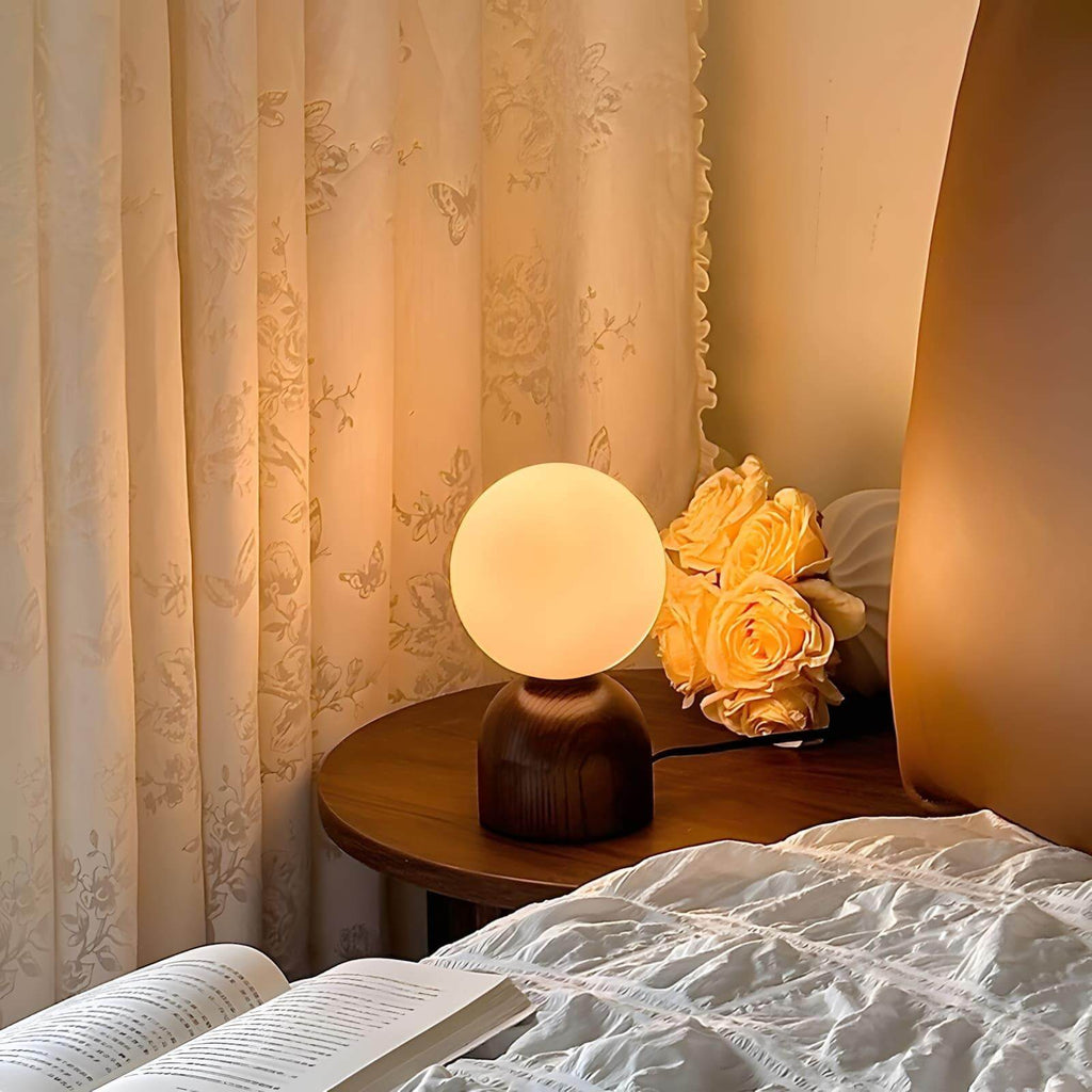 Acorn | Wood Table Lamp with Glass Globe, Small Walnut Bedside Lamp