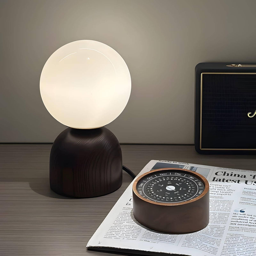 Acorn | Wood Table Lamp with Glass Globe, Small Walnut Bedside Lamp