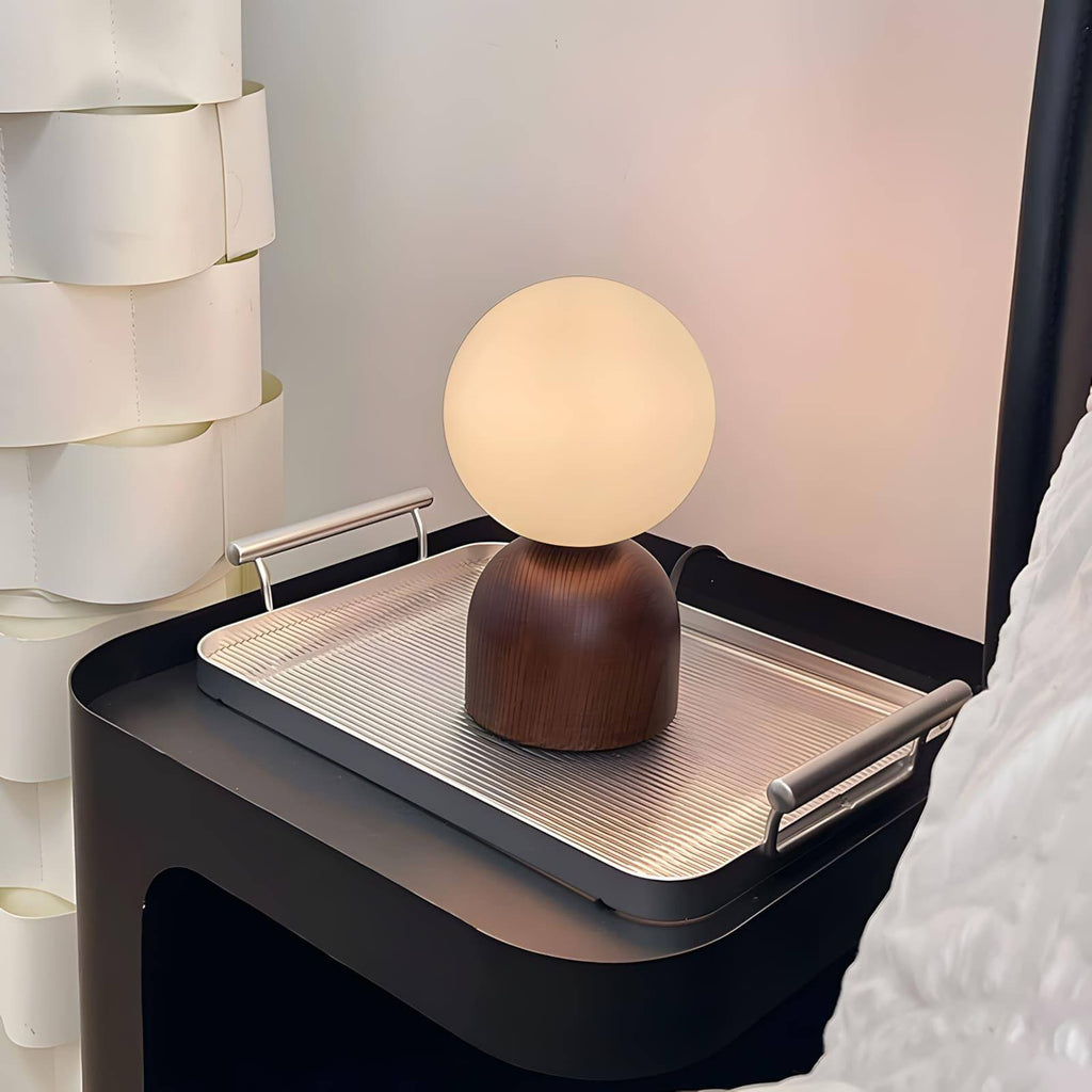 Acorn | Wood Table Lamp with Glass Globe, Small Walnut Bedside Lamp
