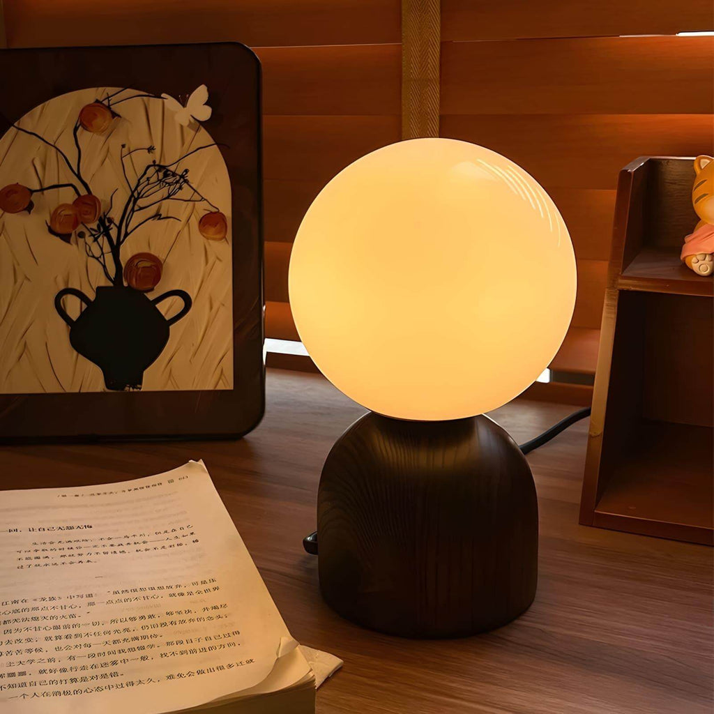 Acorn | Wood Table Lamp with Glass Globe, Small Walnut Bedside Lamp