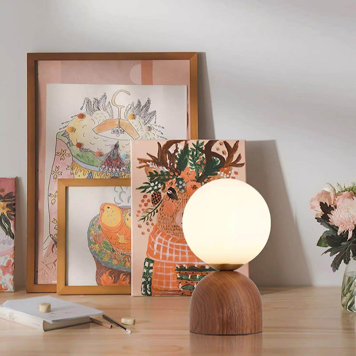 Acorn | Wood Table Lamp with Glass Globe, Small Walnut Bedside Lamp