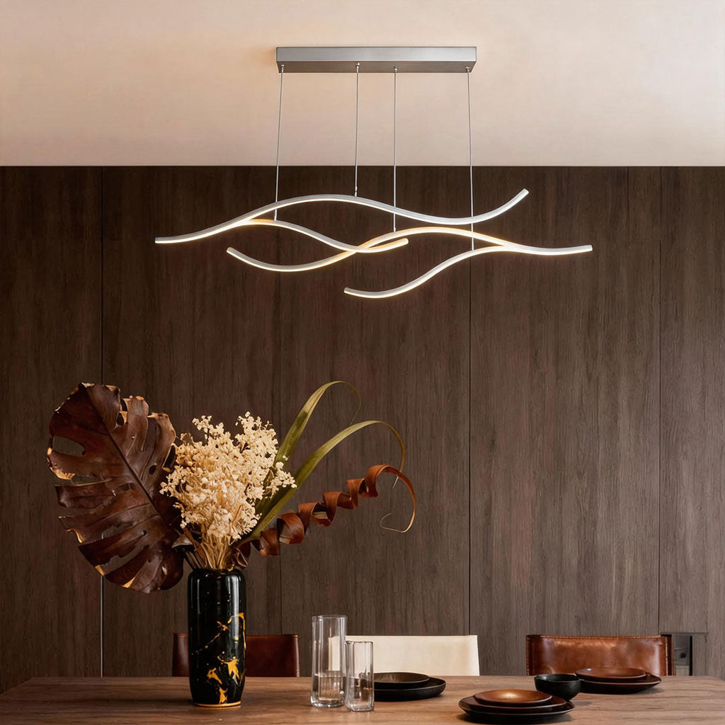 Ripple | Wavy LED Pendant Light, Modern Linear Chandelier for Kitchen Island, Dimmable Hanging Light Fixture
