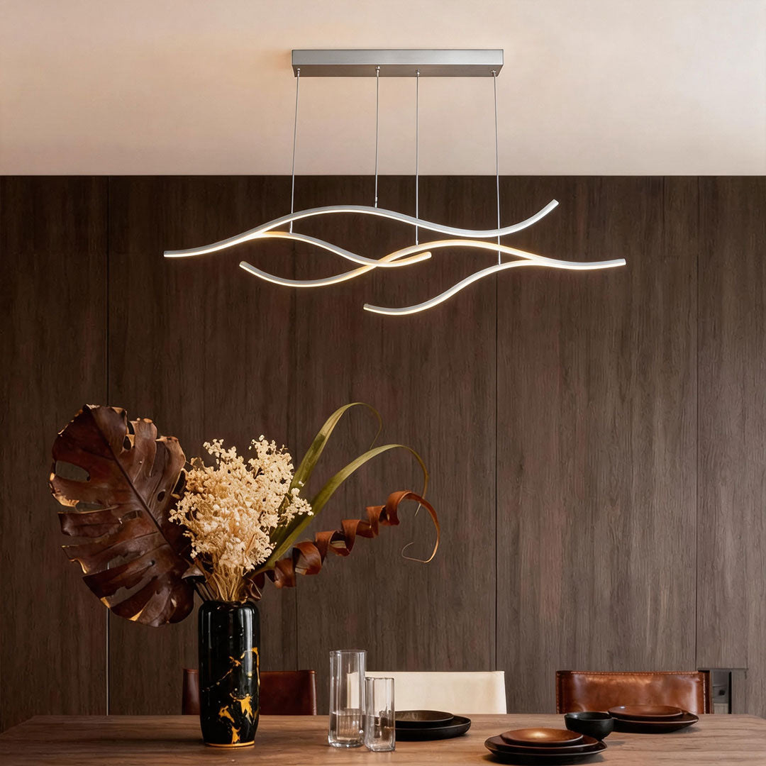 Ripple | Wavy LED Pendant Light, Modern Linear Chandelier for Kitchen Island, Dimmable Hanging Light Fixture