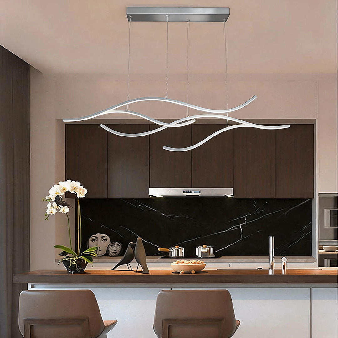 Ripple | Wavy LED Pendant Light, Modern Linear Chandelier for Kitchen Island, Dimmable Hanging Light Fixture