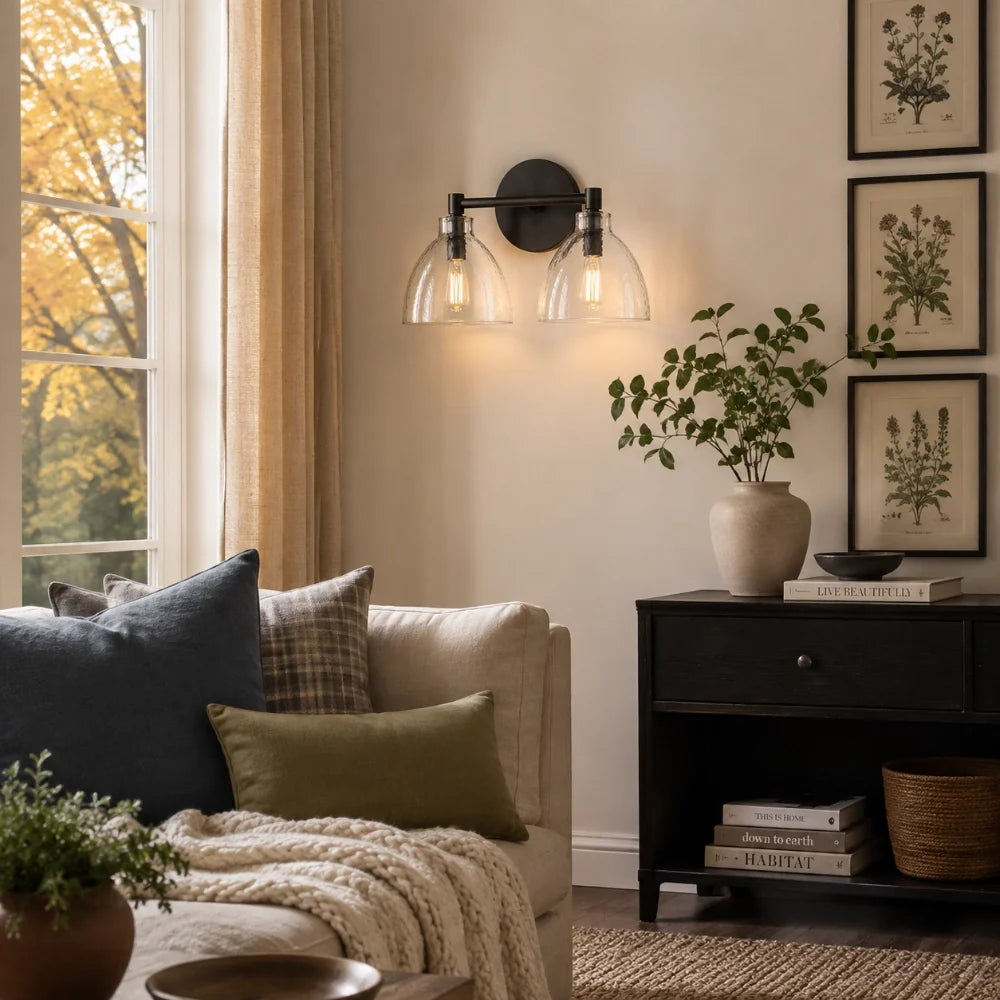 Xeno | Glass Wall Sconce, Antique Brass Bathroom Vanity Light, 1 to 3 Light Farmhouse Wall Light