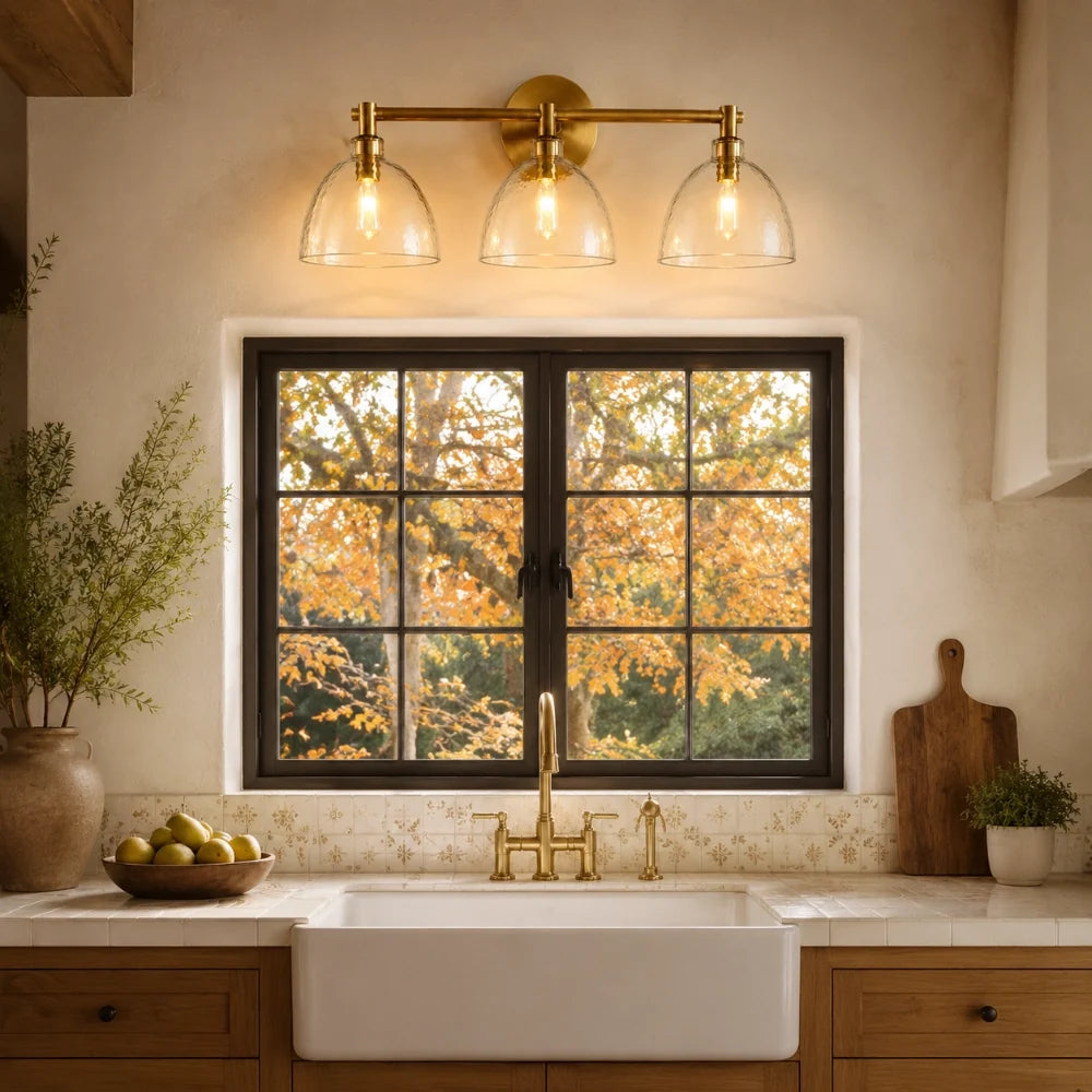 Xeno | Glass Wall Sconce, Antique Brass Bathroom Vanity Light, 1 to 3 Light Farmhouse Wall Light