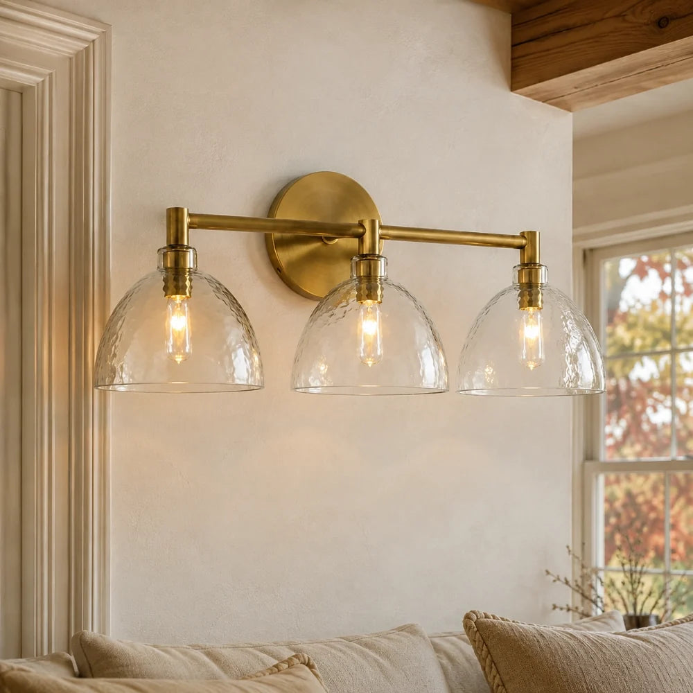 Xeno | Glass Wall Sconce, Antique Brass Bathroom Vanity Light, 1 to 3 Light Farmhouse Wall Light