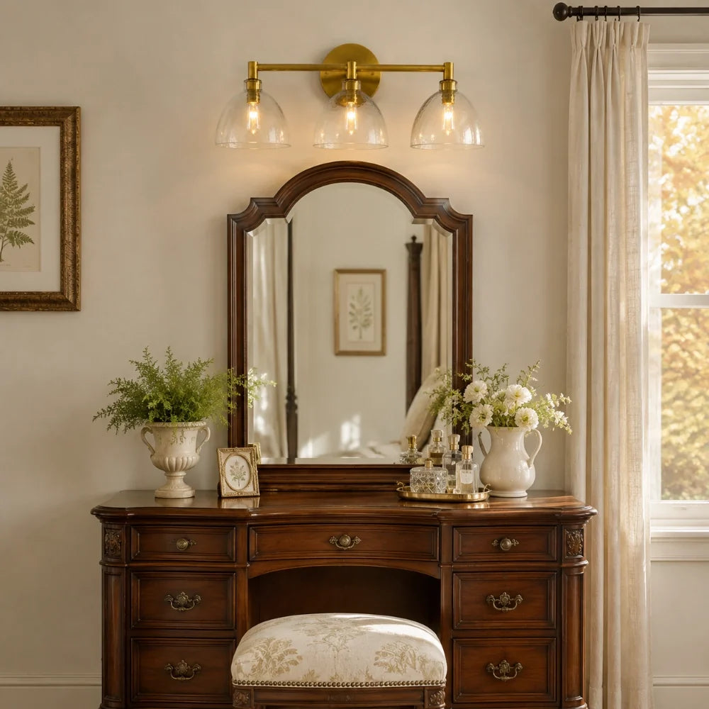 Xeno | Glass Wall Sconce, Antique Brass Bathroom Vanity Light, 1 to 3 Light Farmhouse Wall Light
